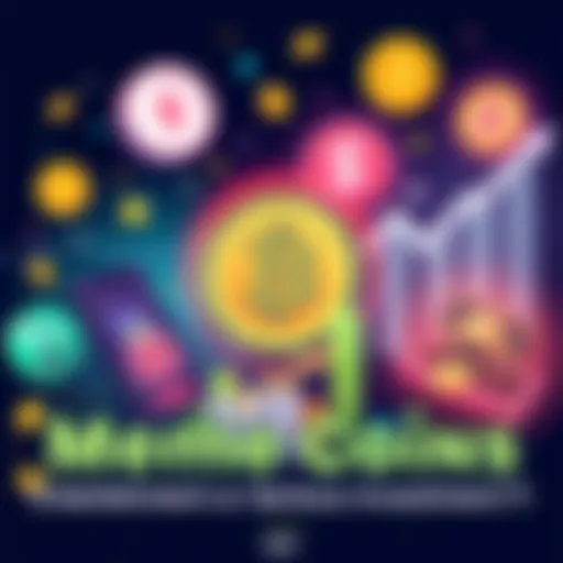 Illustration showing a mix of playful and serious elements related to meme coins, including fun cartoon images and graphs symbolizing investment trends.