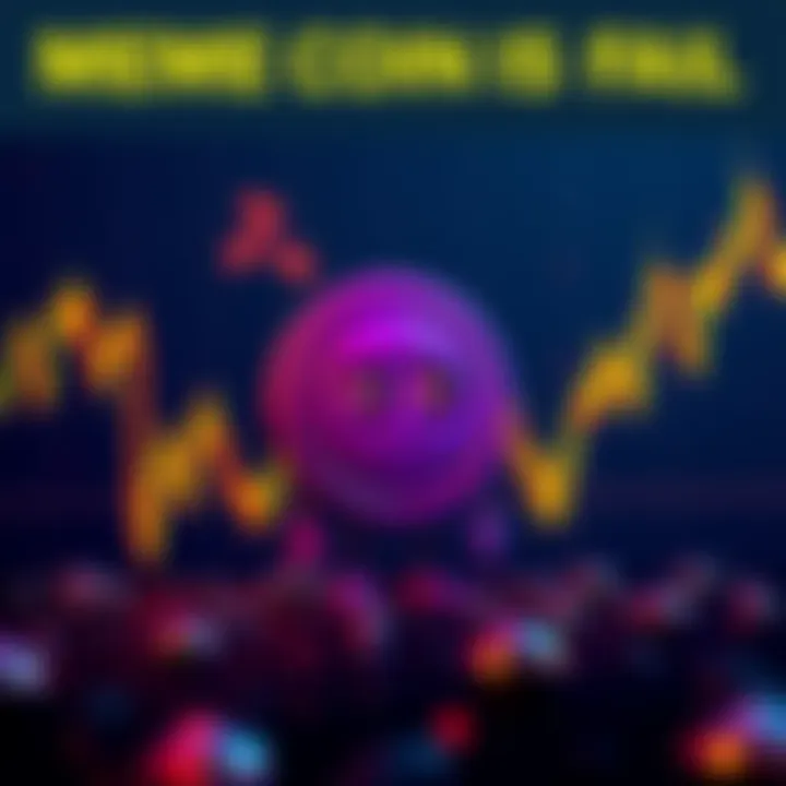 A graphic showing a fluctuating cryptocurrency chart with a meme coin character looking disappointed, symbolizing the fall of meme coins after initial excitement.
