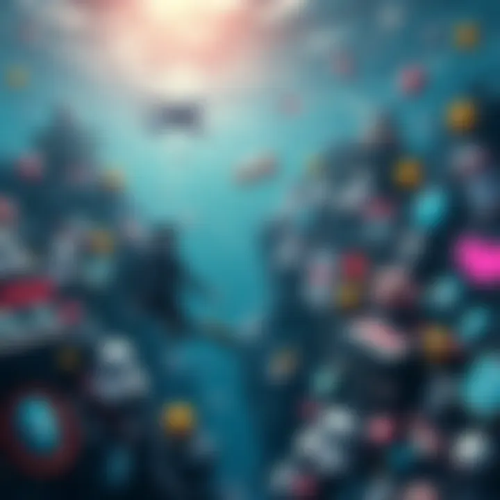 Diving Deep into Meme Culture A surreal representation of the meme landscape, featuring iconic memes and symbols intertwined with ocean elements, illustrating the depth of internet humor.