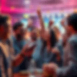 Group of people joyfully discussing their earnings from memecoins at a lively gathering