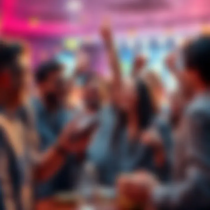 Group of people joyfully discussing their earnings from memecoins at a lively gathering