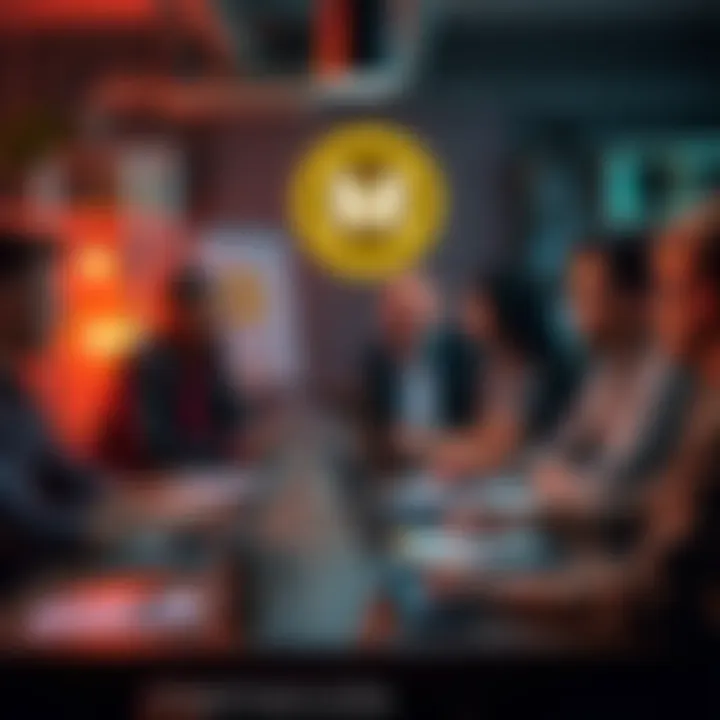 Group of memecoin developers discussing collaboration ideas at a table with laptops and notes.