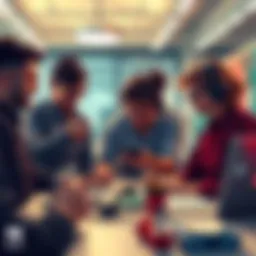 A group of memecoin developers collaborating on a project, showcasing their innovative ideas and digital tools in a bright office environment.
