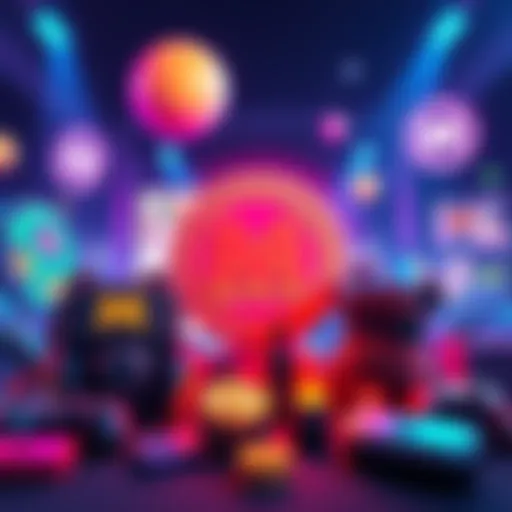 A vibrant scene showing a memecoin logo alongside gaming elements and merchandise items, highlighting its unique offerings in the crypto market.