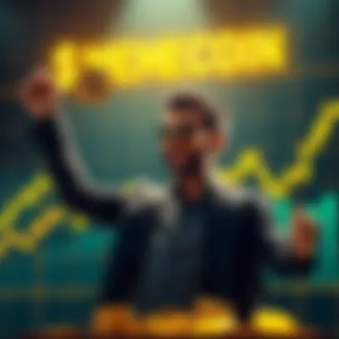 A visual of a man celebrating success after turning a small investment into a fortune, with a graph showing rising cryptocurrency prices in the background.