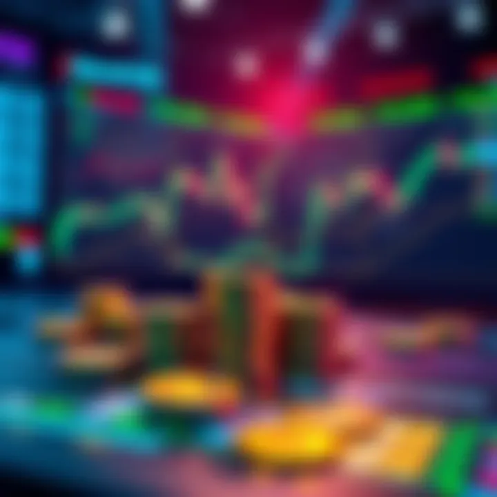 Graphic showing prediction markets combined with memecoin gambling, featuring tokens and charts, symbolizing market performance predictions.