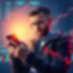 A novice trader looking worried while checking fluctuating memecoin prices on a smartphone, surrounded by charts and graphs depicting losses and gains.