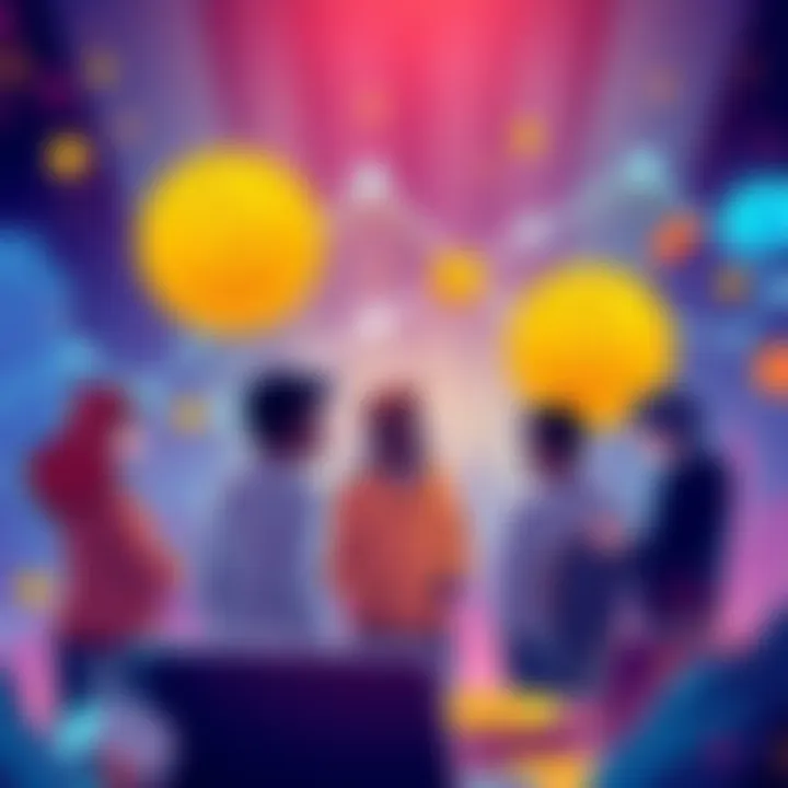 A vibrant illustration showing a group of people engaging in discussions about memecoins, with graphics of popular memecoins in the background representing decentralized communities.