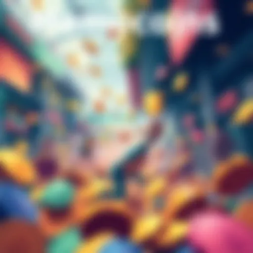 A vibrant illustration showing various memecoins represented as colorful coins competing in a chaotic market scene, highlighting innovation and community influence.