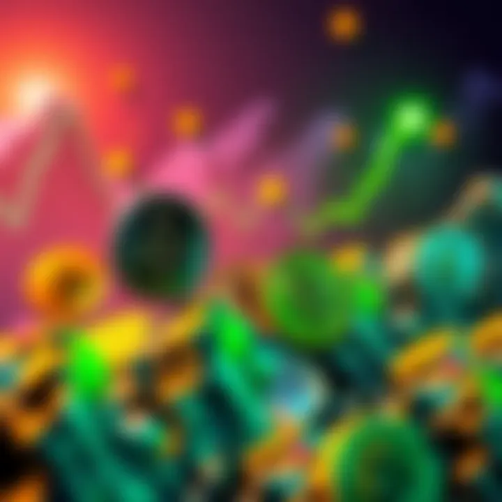 Colorful representation of memecoins rising in value, contrasting with major cryptocurrencies that show stagnant movement.