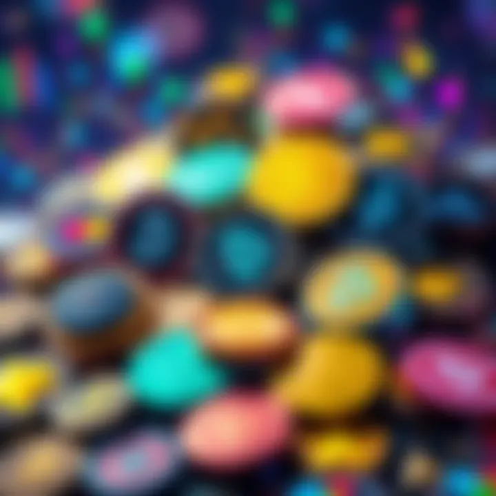 Colorful representation of various memecoins associated with the Kaspa network, showing their logos and trends in cryptocurrency.