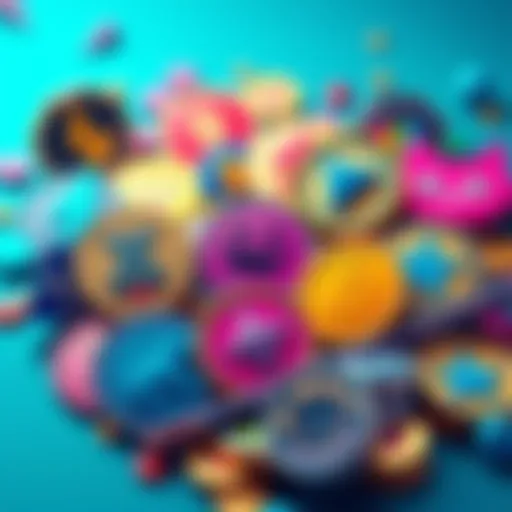 A collection of popular memecoins depicted as vibrant tokens with humorous designs, showcasing their playful nature in the cryptocurrency market.