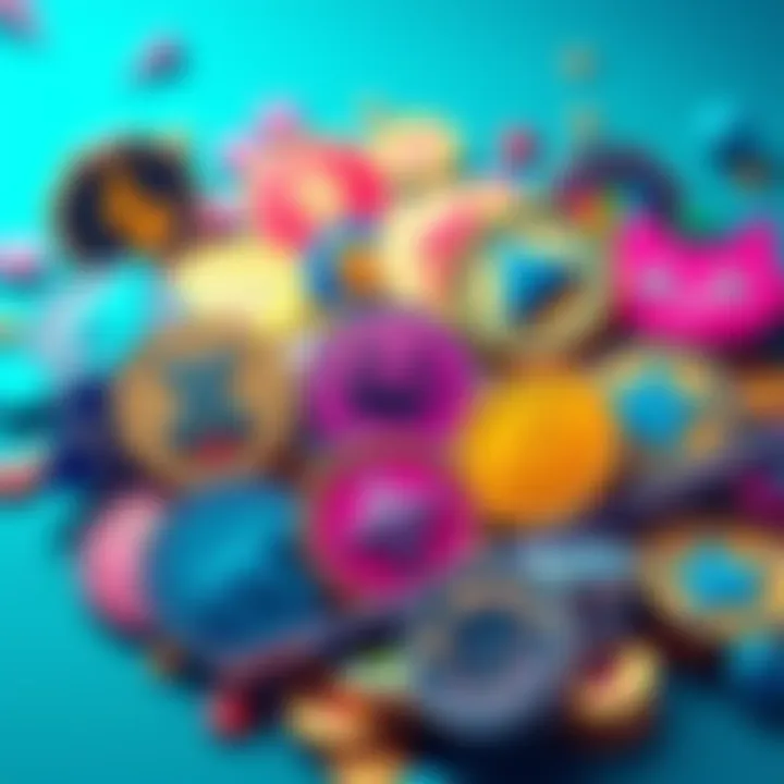 A collection of popular memecoins depicted as vibrant tokens with humorous designs, showcasing their playful nature in the cryptocurrency market.