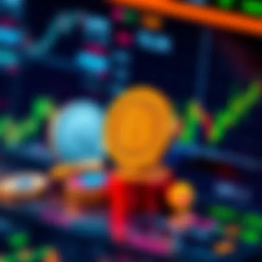 A digital representation of memecoins, depicting vibrant coins with playful designs, alongside automated trading graphs showing fluctuating prices in a volatile market.