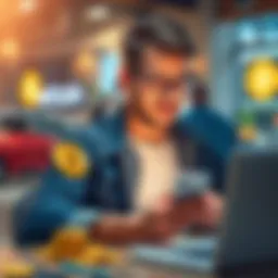 New trader learning to swap Bitcoin for Solana with a smartphone and laptop in a lively environment.