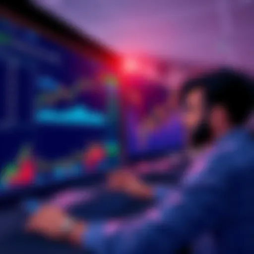 An illustration showing someone analyzing Memecoins on a trading platform with charts and graphs in the background, highlighting selling strategies and market trends.