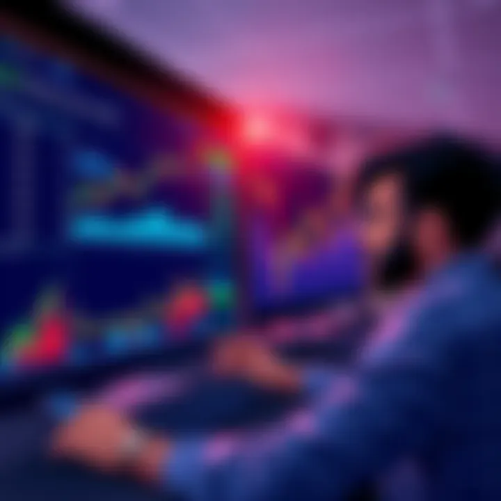 An illustration showing someone analyzing Memecoins on a trading platform with charts and graphs in the background, highlighting selling strategies and market trends.