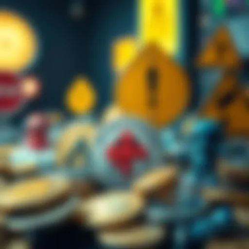 A visual representation showing various memecoins, coins with funny characters, and warning signs indicating scams and risky trading strategies.
