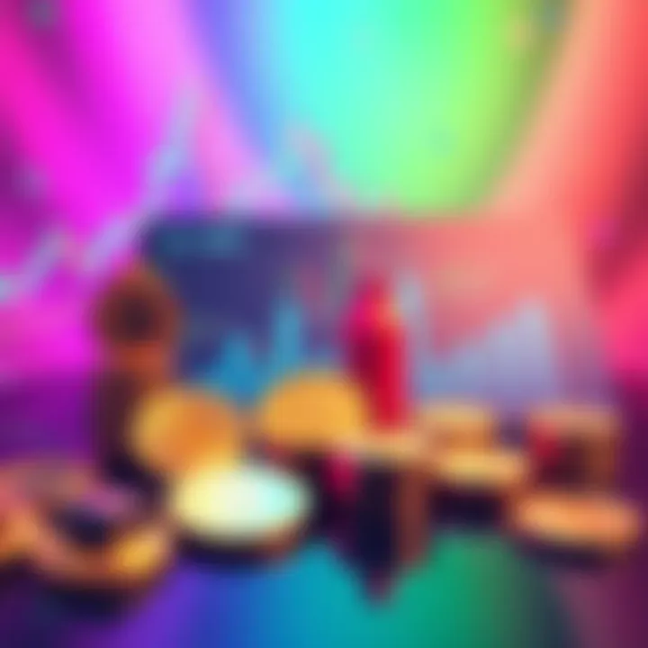 An illustration showing various memecoins with charts and graphs representing trading strategies, set against a colorful background.