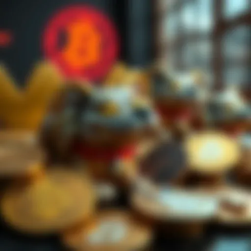 A juxtaposition of memecoins, represented by playful dog-themed coins, alongside serious cryptocurrency symbols, showcasing the contrast between meme culture and traditional crypto projects.