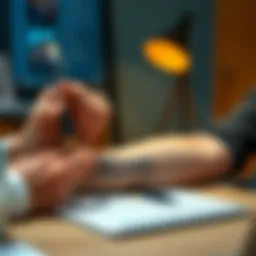 A person tattooing a seed phrase on their arm while sitting at a desk with a notepad and a pen