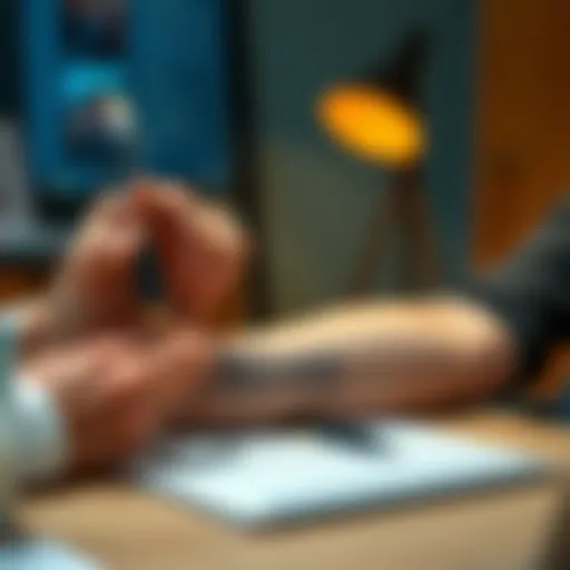 A person tattooing a seed phrase on their arm while sitting at a desk with a notepad and a pen