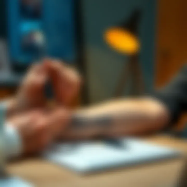 A person tattooing a seed phrase on their arm while sitting at a desk with a notepad and a pen