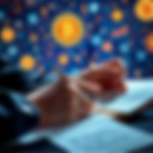 A person writing down their seed phrase and passphrase on paper, focusing on memory techniques, with crypto icons in the background.