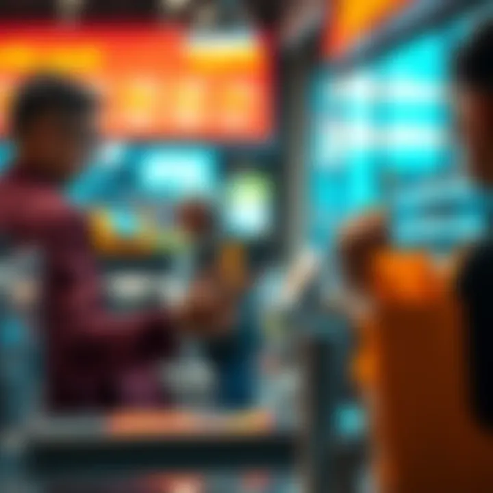 A merchant holding a stablecoin card while interacting with a customer at a checkout counter, showing a modern payment setup.
