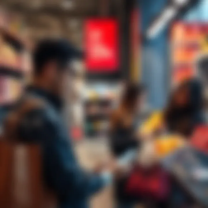 A merchant using a mobile app to accept USDC payments in a store, with customers happily making purchases.