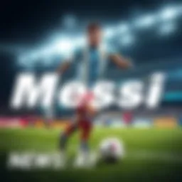 Messi in Action Lionel Messi dribbling the ball on a soccer field during a match, with teammates in the background