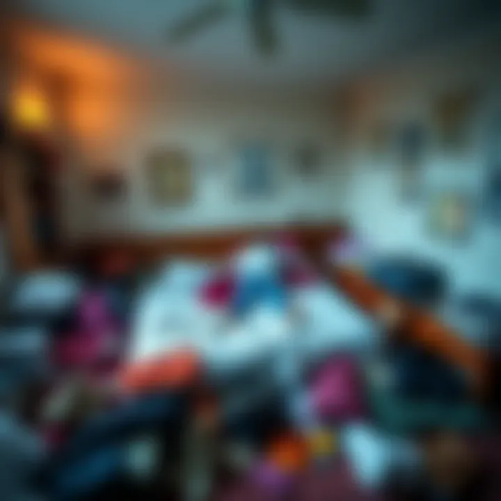 A cluttered bedroom showing an unmade bed surrounded by scattered clothes and items on the floor