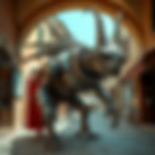 A unique metal creature sculpture made from armor and cloth displayed in Salento, Italy.