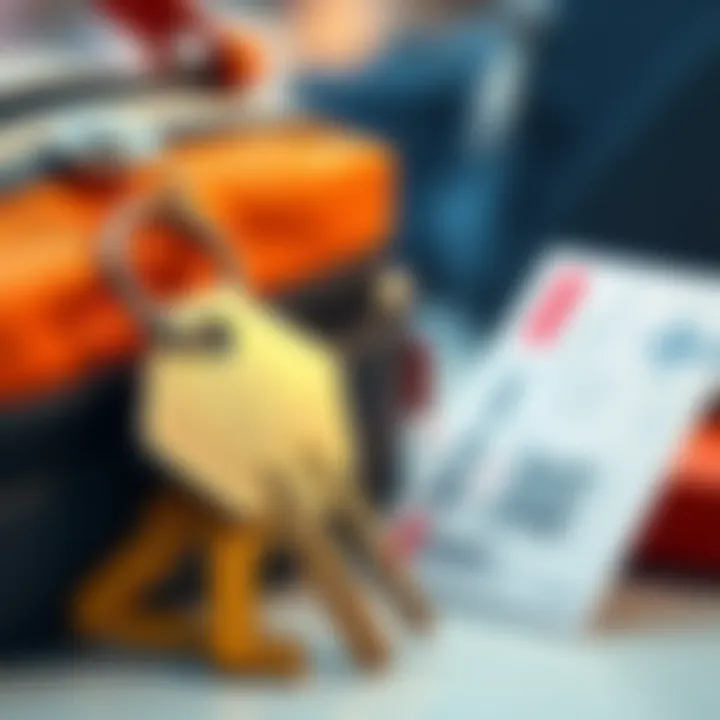 A metal key placed next to a travel bag and airplane ticket, representing safe transport options during a move.
