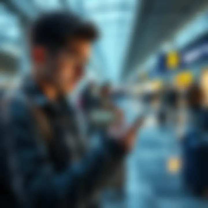 A frustrated traveler at an airport looking at a phone, confused about travel benefit limitations, with bags in the background.