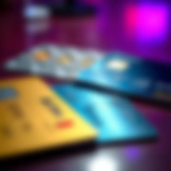A comparison of metallic and plastic credit cards on a table, showing their different designs and textures.