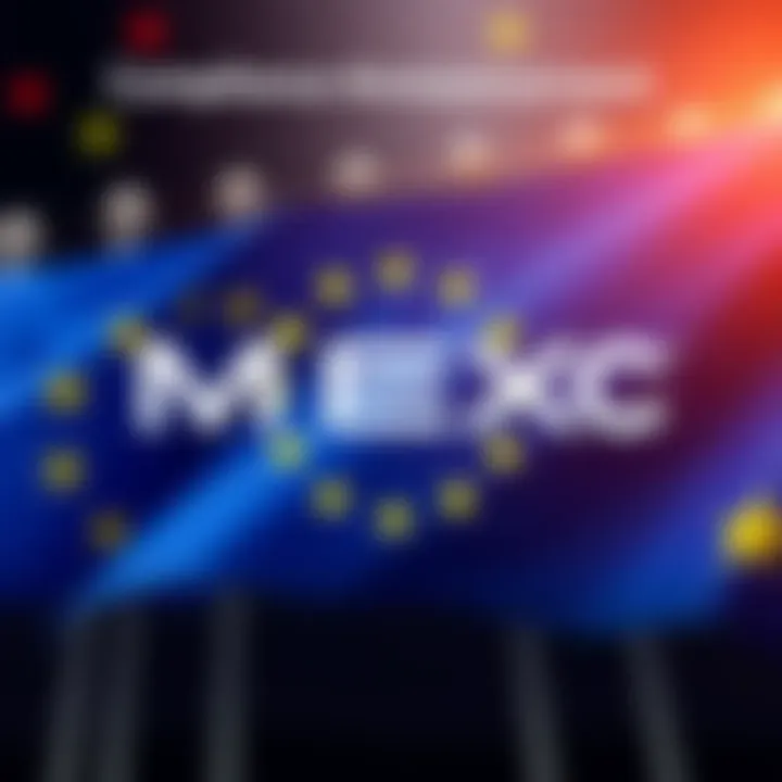MEXC logo with a background depicting EU flags, symbolizing regulatory compliance and security for users.