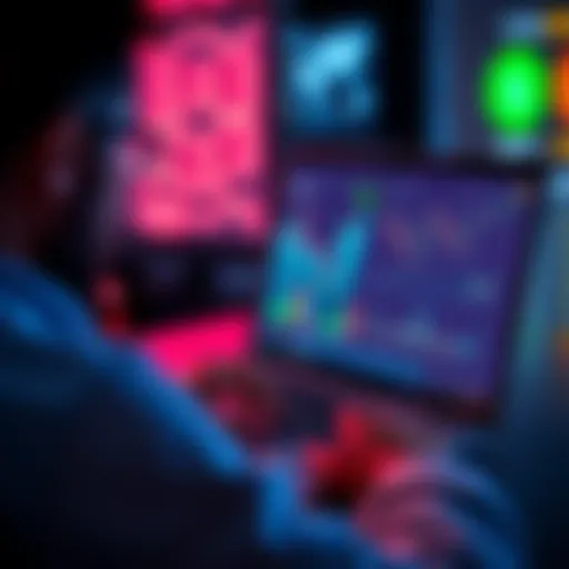 A person using a laptop to check the MEXC cryptocurrency exchange website with charts and data displayed on the screen.