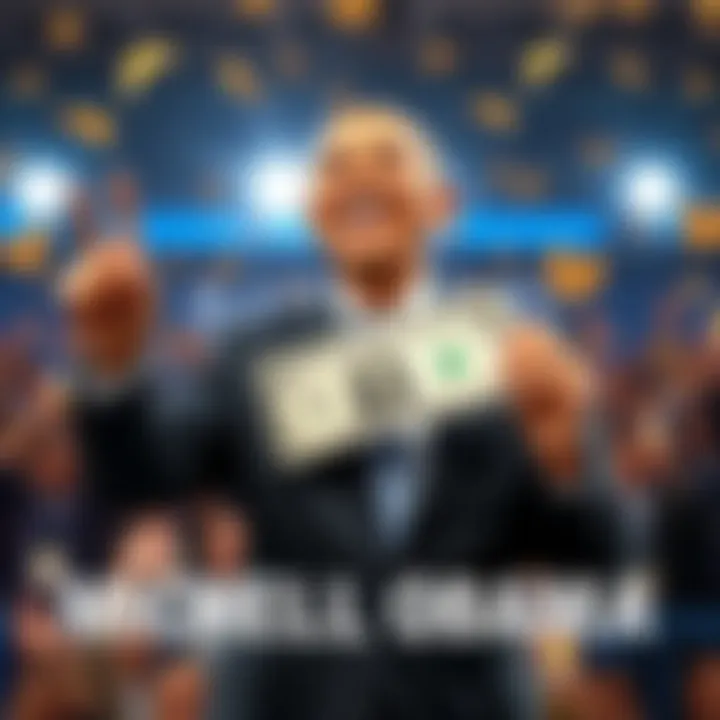 Michael Obama Celebrating Success Michael Obama standing proudly with his first dollar, smiling and surrounded by symbols of success and achievement.