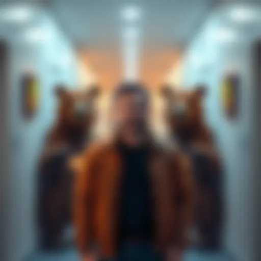 Michael Saylor stands in a hallway surrounded by animated bears, representing challenges in the crypto world.