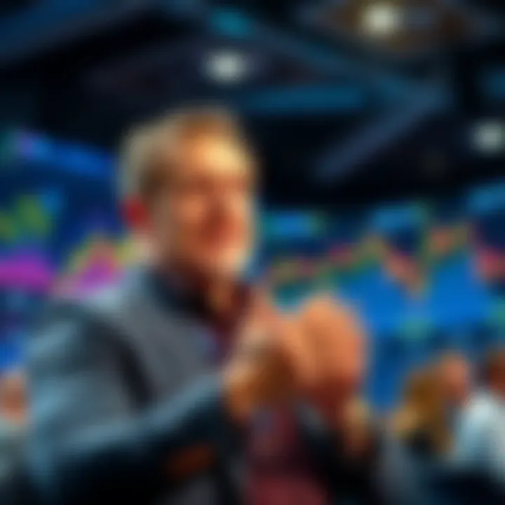 Michael Saylor Speaking about Bitcoin Michael Saylor confidently discussing Bitcoin at a conference, with charts and graphs displayed in the background