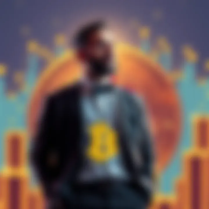 Michael Saylor standing confidently with Bitcoin graphics behind him, symbolizing his $2.54 billion investment.