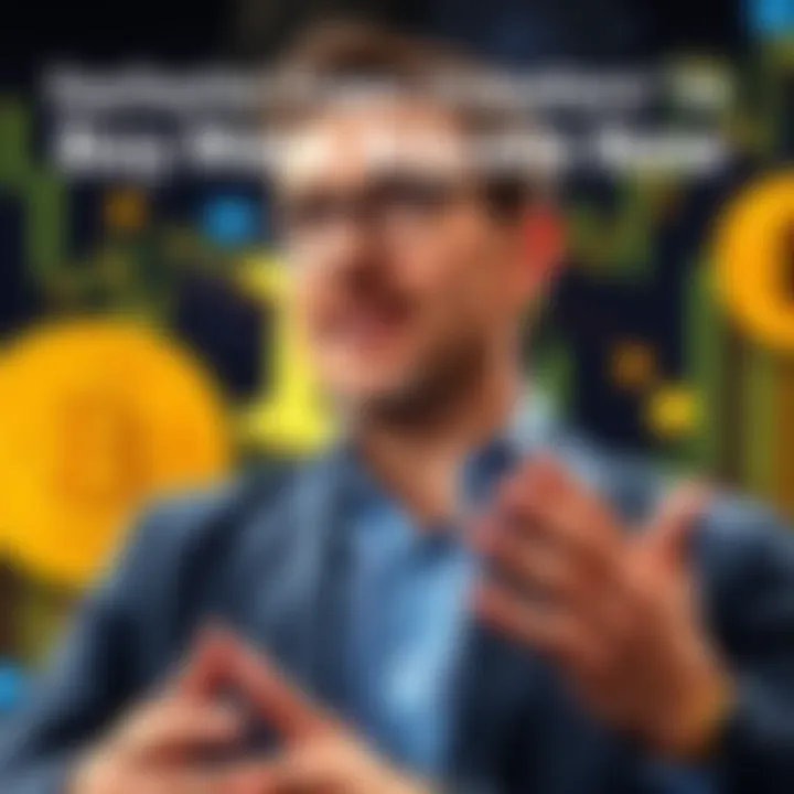 Michael Saylor speaking about Bitcoin investment, encouraging people to buy more now, with a backdrop of Bitcoin graphics.