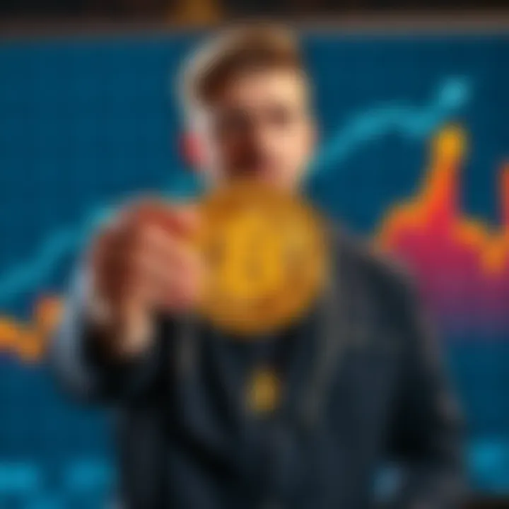 Michael Saylor holding a Bitcoin symbol with a graph showing upward trends in the background