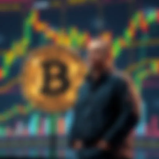 Michael Saylor stands next to a Bitcoin symbol, reflecting on his $216 million sale as market charts fluctuate in the background.