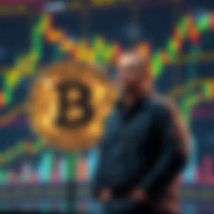 Michael Saylor stands next to a Bitcoin symbol, reflecting on his $216 million sale as market charts fluctuate in the background.