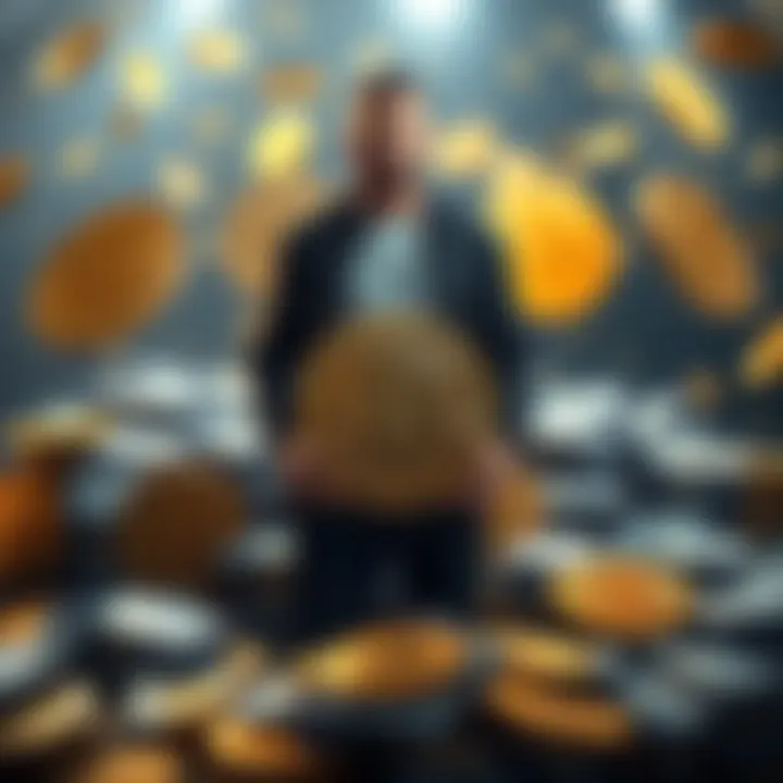 Michael Saylor standing with Bitcoin symbols and piles of money representing his recent sale of 3,588 Bitcoin.