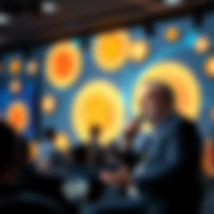 Michael Saylor Discusses Bitcoin Strategy Michael Saylor speaking about his strategy of never selling Bitcoin at a conference, with Bitcoin logos in the background