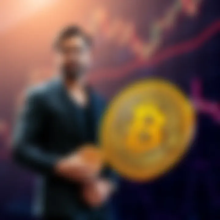 Michael Saylor stands next to a graphic showing Bitcoin coins, illustrating his significant holdings in the cryptocurrency market.