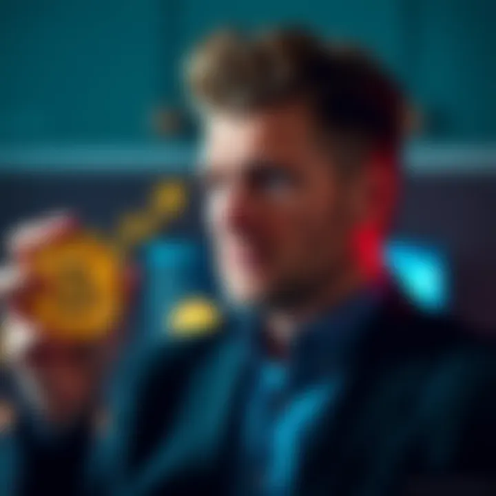 Michael Saylor looking thoughtful while holding a Bitcoin symbol, reflecting on his investment strategy